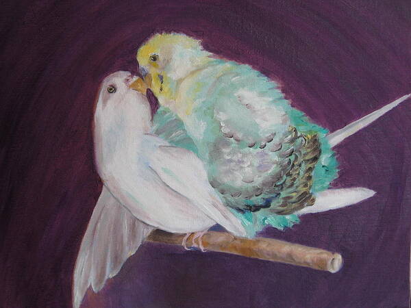 Parakeets Art Print featuring the painting Birds in Love by Lisa Boyd