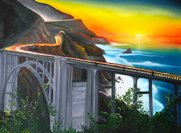  Beautiful California Sunset! Art Print featuring the painting Bixby Coastal Bridge Of California At Sunset by James Dunbar