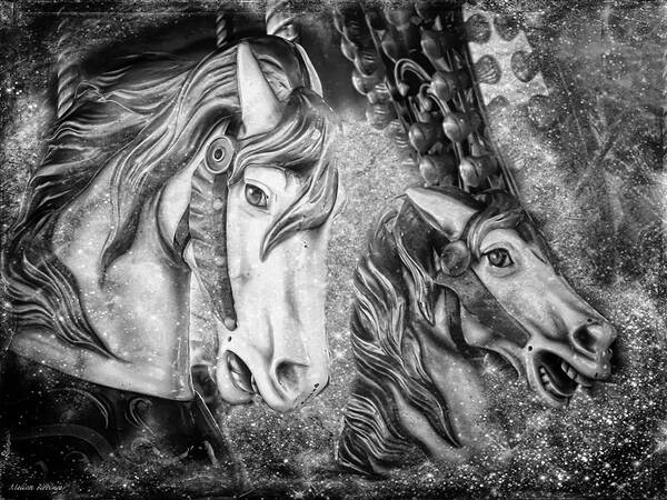 Black And White Carousel Horses Art Print featuring the photograph Black and White Carousel Horses by Melissa Bittinger