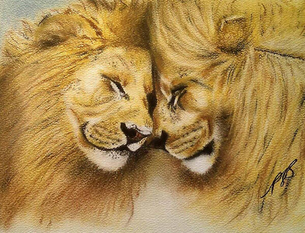 Lion Art Print featuring the drawing Blood Brothers by Paula Steffensen