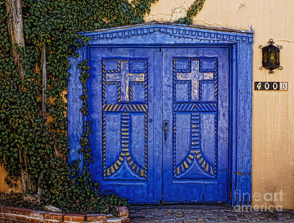 Door Art Print featuring the photograph Blue door in Albuquerque by Elena Nosyreva