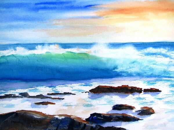 Ocean Art Print featuring the painting Blue Water Wave crashing on Rocks by Carlin Blahnik CarlinArtWatercolor