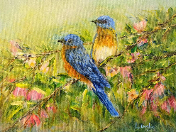 Eastern Bluebird Art Print featuring the painting Bluebirds by Loretta Luglio