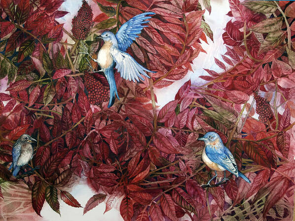 Bluebirds Art Print featuring the painting Bluebirds Love Sumac by Helen Klebesadel