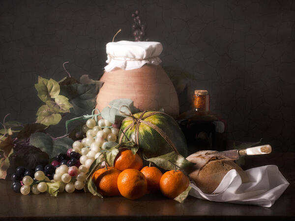 Luis Melendez Art Print featuring the photograph Bodegon with Grapes-Watermelon and Big Jar by Levin Rodriguez