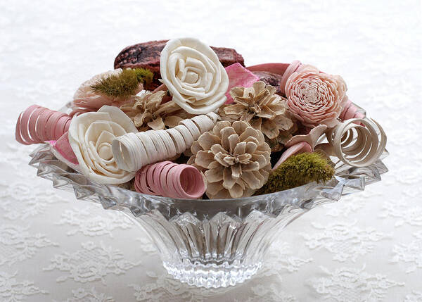 Bowl Art Print featuring the photograph Bowl of Potpourri on Lace by Connie Fox