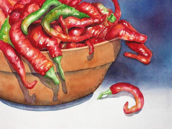 Chili Peppers Art Print featuring the painting Bowl of Red Hot Chili Peppers by Lyn DeLano