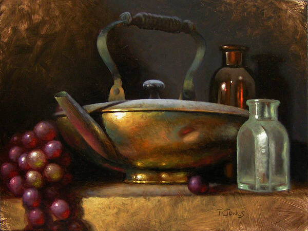 Brass Art Print featuring the painting Brass Teapot and Antique Glass by Timothy Jones