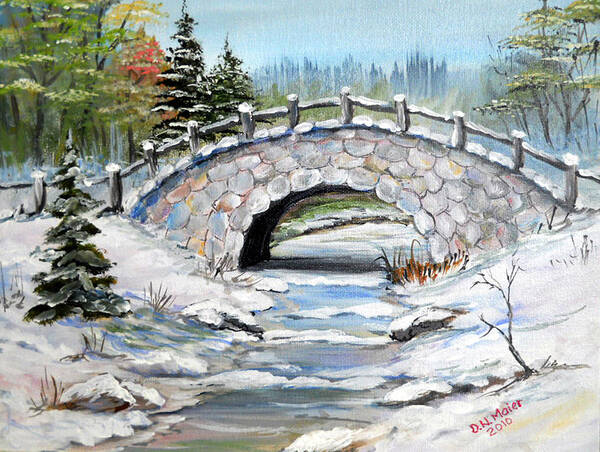 Winter Art Print featuring the painting Bridge in Winter by Dorothy Maier