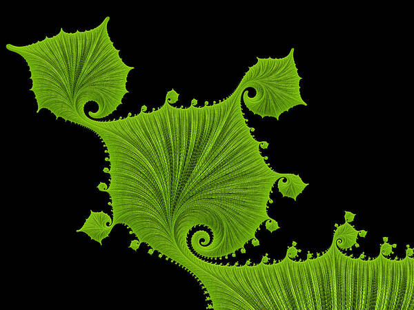 Green Art Print featuring the digital art Bright green fractal leaves black background by Matthias Hauser