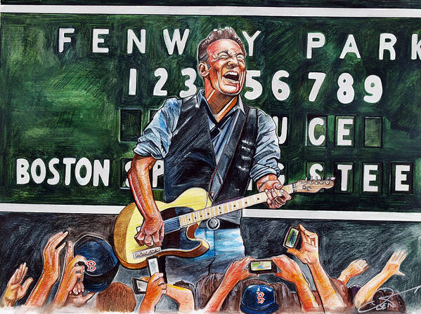 Bruce Springsteen Art Print featuring the drawing Bruce Springsteen at Fenway Park by Dave Olsen