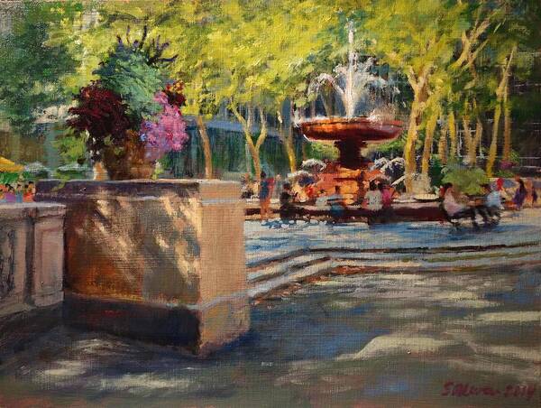 Landscape Art Print featuring the painting Bryant Park - Afternoon at the Fountain Terrace by Peter Salwen