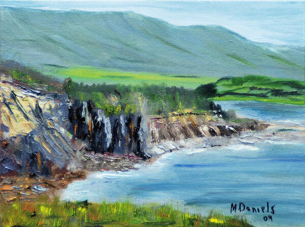 Water Seacoast Coastline Ocean Mountain Cliff Rock Tree Scenic Art Print featuring the painting Cabot Trail Coastline by Michael Daniels