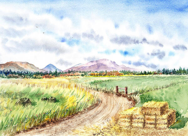 Mountains Art Print featuring the painting Californian Landscape Saint Johns Ranch of Mountain Shasta County by Irina Sztukowski