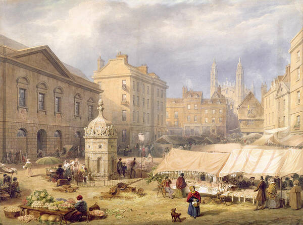 Kings College Chapel Art Print featuring the painting Cambridge Market Place, 1841 by Frederick Mackenzie