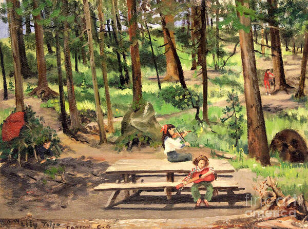 Woodscapes Art Print featuring the painting Canyon Campground - Yellowstone 1950's by Art By Tolpo Collection