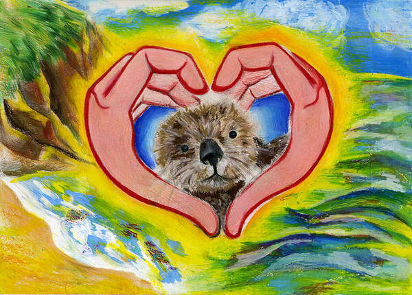 Heart Otter Hands Coast Beach Ocean Cliff Bluff Love Waves Wildlife Art Print featuring the drawing Care to the California Coast by Kelly Lu 6th Grade by California Coastal Commission