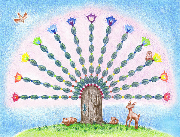 Seven Chakras Art Print featuring the drawing Chakra Tree by Keiko Katsuta