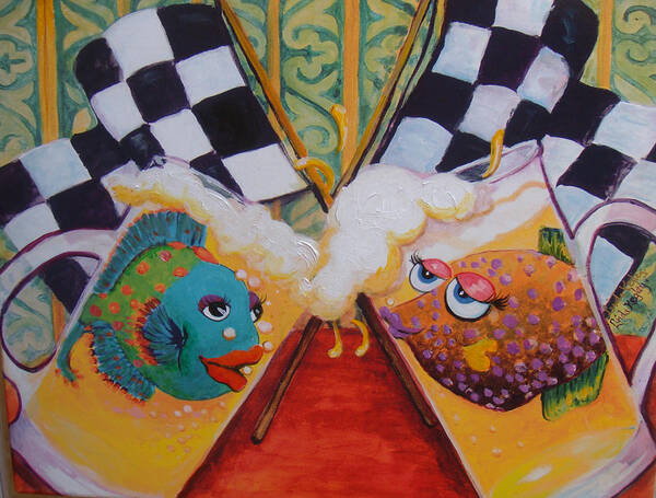 Food And Beverage Art Print featuring the painting Cheers and Beers after the Race by Linda Kegley