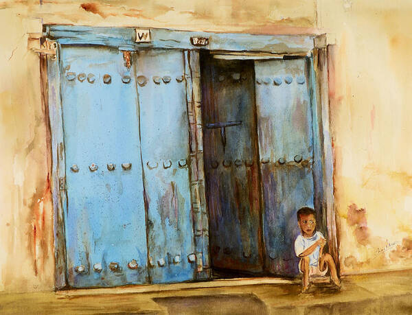 Doorway Art Print featuring the painting Child sitting in old Zanzibar doorway by Sher Nasser