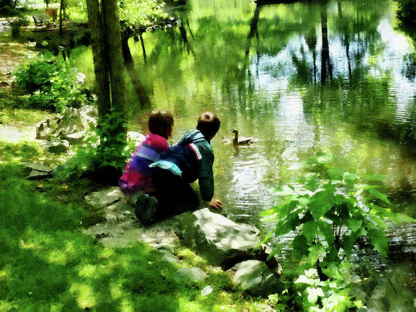 Park Art Print featuring the photograph Children and Ducks in Park by Susan Savad