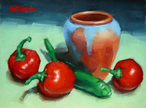 Chillis Art Print featuring the painting Chilli Peppers And Pot by Margaret Stockdale