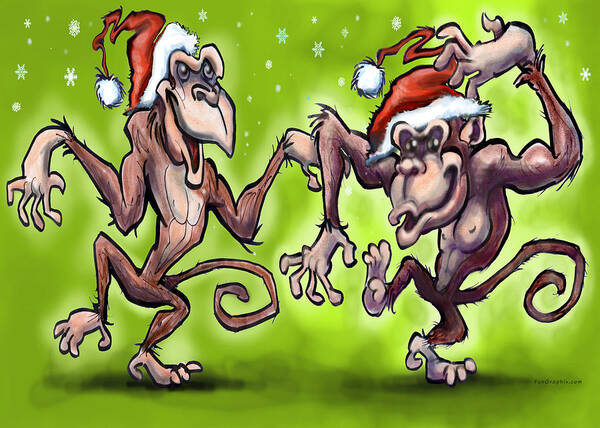 Christmas Art Print featuring the painting Christmas Monkeys by Kevin Middleton