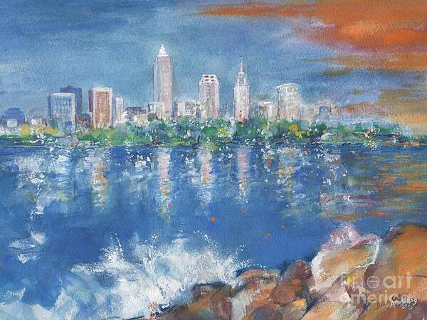 City Art Print featuring the painting Cleveland skyline by Mary Armstrong