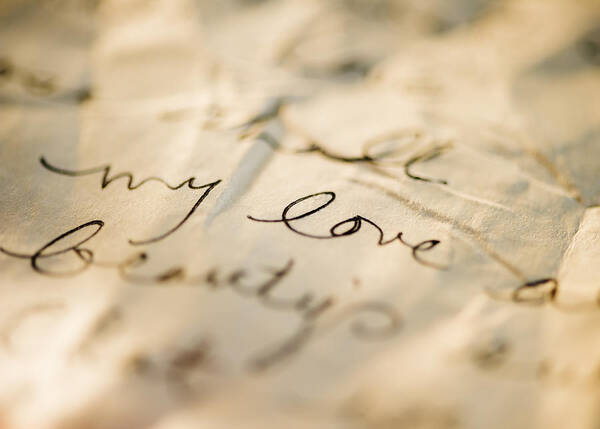 Poetry- Literature Art Print featuring the photograph Close up of antique love letter on parchment by Jamie Grill