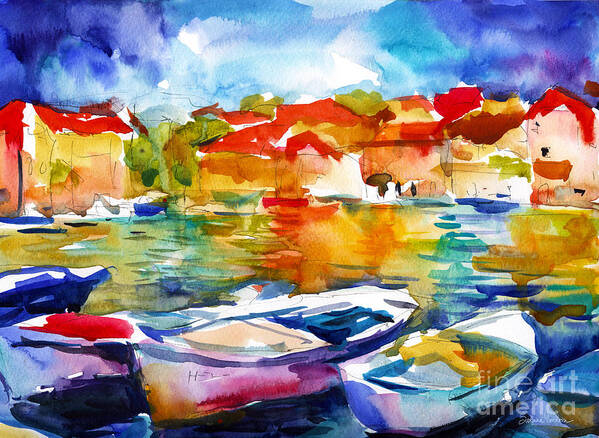 Boats Art Print featuring the painting Colorful watercolor boats european water scape by Svetlana Novikova