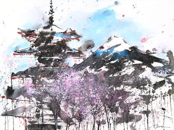 Woods Art Print featuring the painting Combination No.32 Spring time Mt.Fuji and Pagoda by Sumiyo Toribe