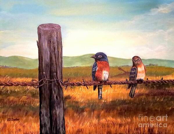 Two Bluebirds Sitting On A Barbed Wire Fence Female Is Looking Over To The Male Bird Who Is Looking Over At The Fencepost Humorous Commentary Piece On Conversation Between The Sexes Background With Background With Blue Golden Green Mountains With Golden Blue Skies And Light Whispy Clouds Overhead Foreground With Golden Brown Grassy Fields Detail On Barbed Wire Fence And Post Great Nature Scene Bird Paintings Acrylic Paintings Art Print featuring the painting Conversation with a Fencepost by Kimberlee Baxter