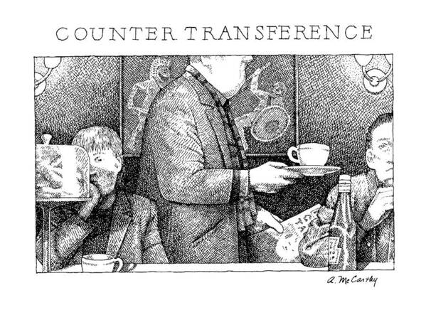 Counter Transference: Title. 
(man Takes Cup Of Coffee From Counter.)
Dining Art Print featuring the drawing Counter Transference: Title by Ann McCarthy