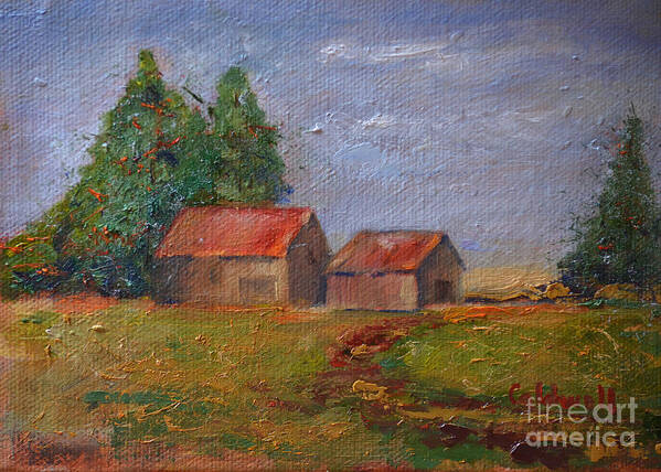 Countryside Building Tree Roadway Green Red Clouds Sky Meadow Barn Home Rural Alabama Art Print featuring the painting Countryside by Patricia Caldwell