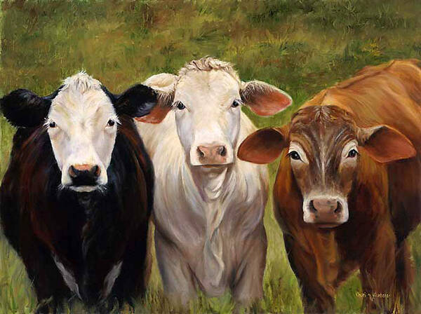 Portrait Art Print featuring the painting Cow Painting of Three Amigos by Cheri Wollenberg