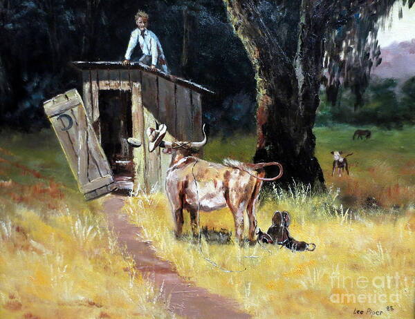 Cowboy Art Print featuring the painting Cowboy On The Outhouse by Lee Piper