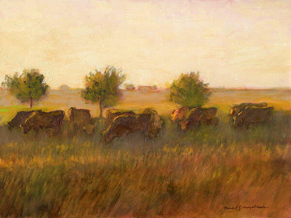 Cows In Landscape Art Print featuring the painting Cows1 by J Reifsnyder