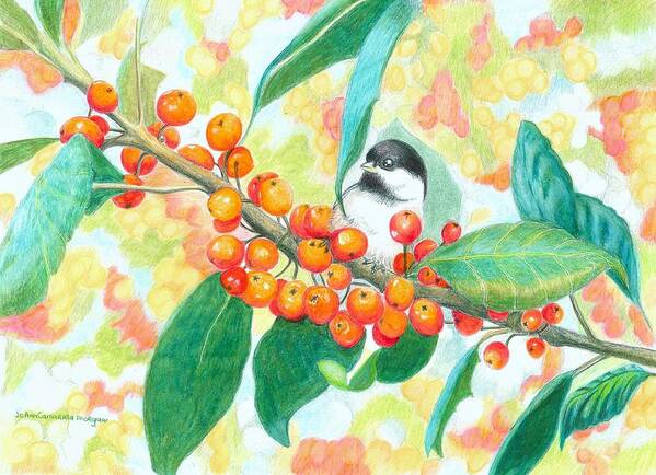 Chickadee Art Print featuring the drawing Crabapples with Chickadee by JoAnn Morgan Smith