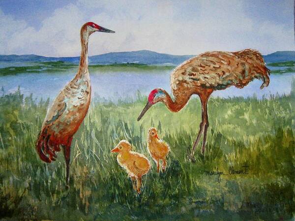 Cranes Art Print featuring the painting Crane Family by Marilyn Clement