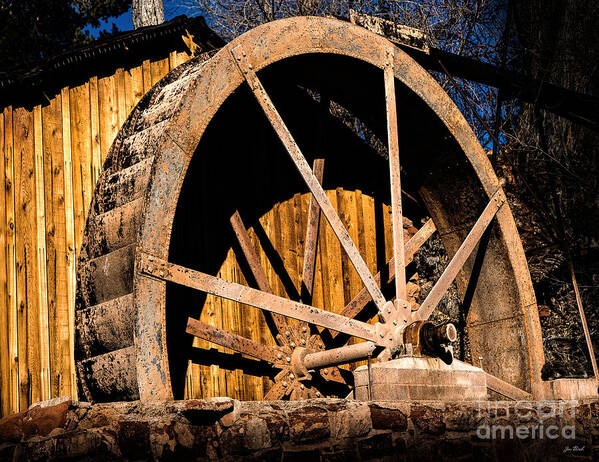 Crescent Moon Ranch Art Print featuring the photograph Old Building and Water Wheel by Jon Burch Photography