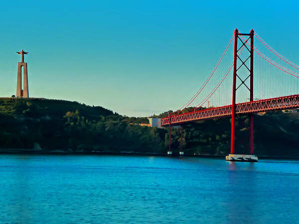 Lisbon Art Print featuring the photograph Cristo Rei and the 25 de Abril Bridge by Mitchell R Grosky