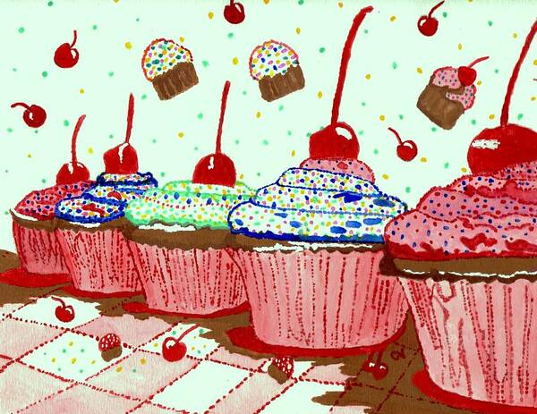 Cherry Cupcake Art Print featuring the painting Cupcake Heaven by Connie Valasco