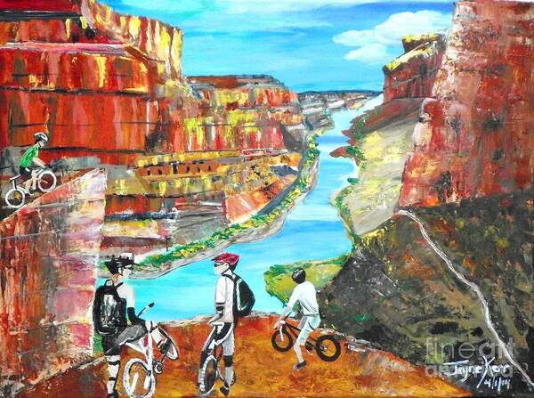 Bicycles Canvas Print Art Print featuring the painting Cyclists in Grand Canyon by Jayne Kerr 