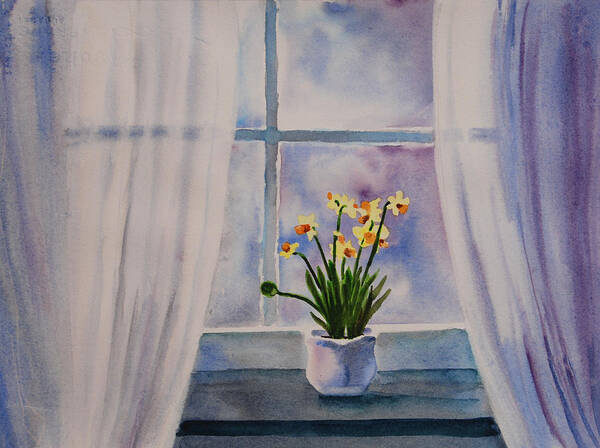 Flowers Art Print featuring the painting Daffodils in Window by Heidi E Nelson