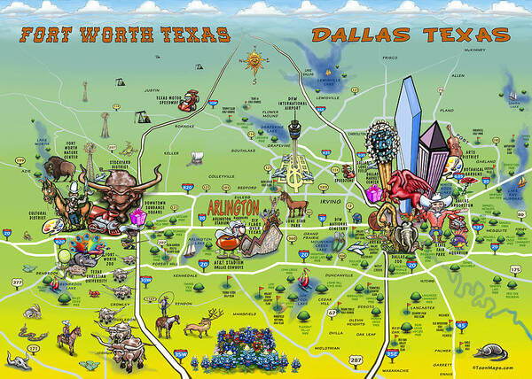 Dallas Art Print featuring the painting Dallas Fort Worth Cartoon Map by Kevin Middleton