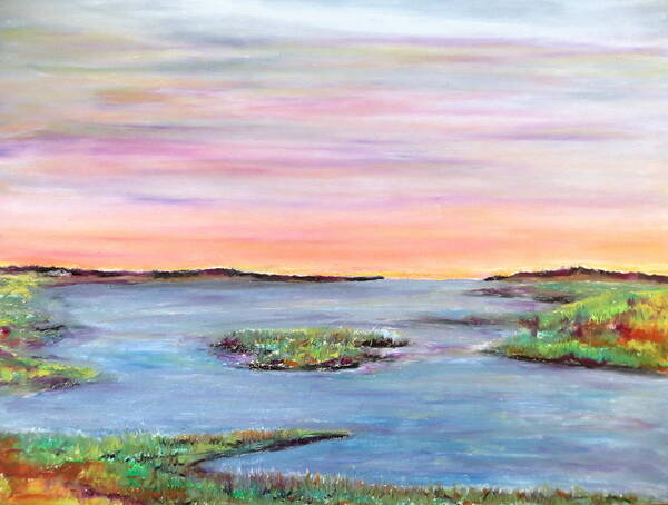 Water Nature Coastal Marsh Ocean Bay Saltwater Studio Sky Colors Horizon Wildlife Sanctuary Ocean Montauk Glow Ember Sun Sunset Sky Air Openess Clouds Calmness Beach Beachgrass Sand Art Print featuring the pastel Day's last look by Daniel Dubinsky