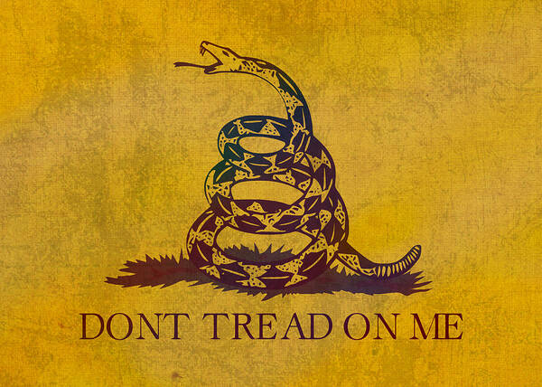 Gadsden Flag with Rattlesnake Art Print featuring the mixed media Don't Tread on Me Gadsden Flag Patriotic Emblem on Worn Distressed Yellowed Parchment by Design Turnpike
