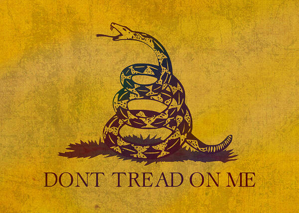 Don't Tread On Me Art Print featuring the mixed media Don't Tread on Me Gadsden Flag Patriotic Emblem on Worn Distressed Yellowed Parchment by Design Turnpike