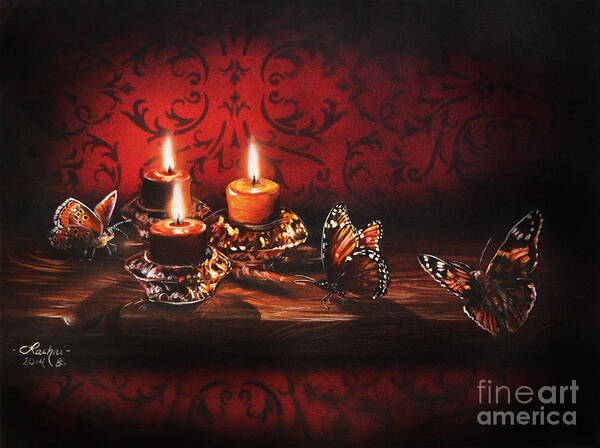 Candles Art Print featuring the painting Drawn to the flame by Lachri