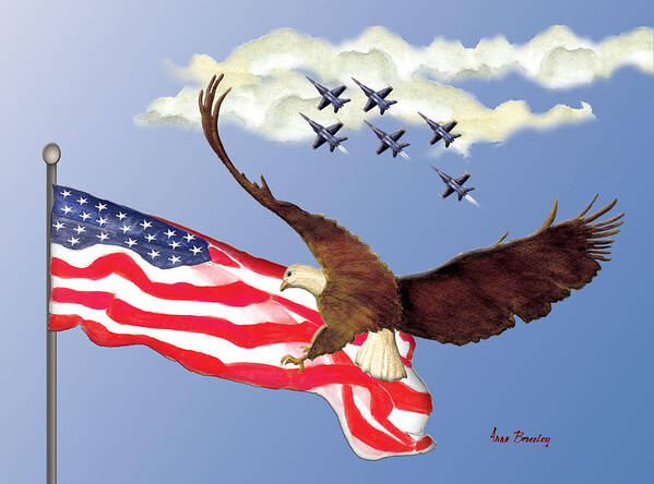 Blue Angels Art Print featuring the painting Eagle Soaring with Blue Angels by Anne Beverley-Stamps